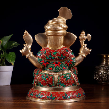 Brass Pagadi Ganesha Statue with Floral Stonework – 11.5 Inch