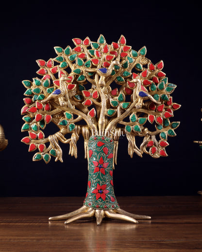 Exquisite Brass Kalpavriksha Tree of Life Showpiece - Table Standing | Height 12" with stonework