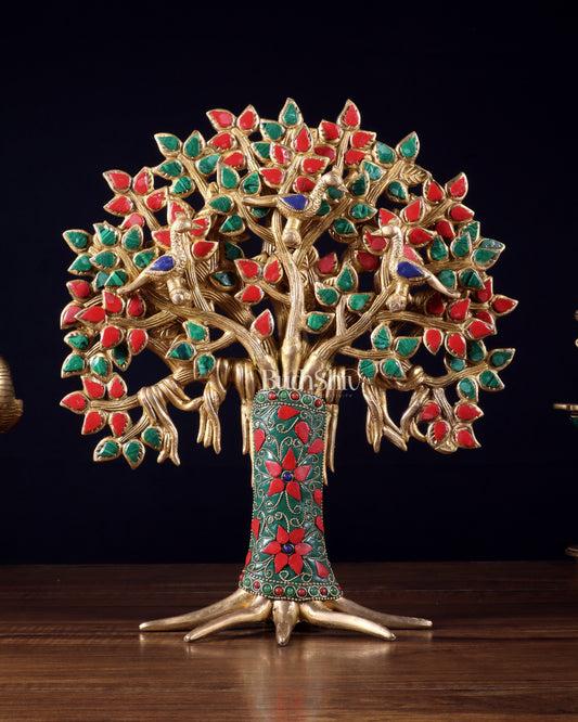 Exquisite Brass Kalpavriksha Tree of Life Showpiece - Table Standing | Height 12" with stonework