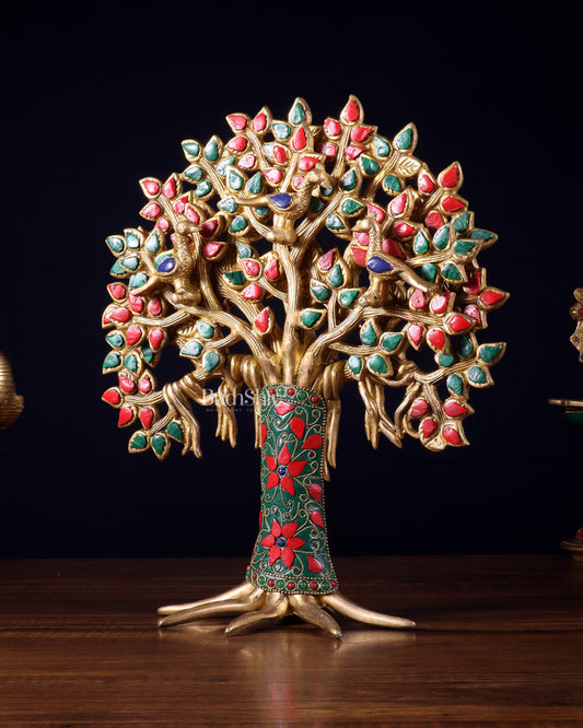 Exquisite Brass Kalpavriksha Tree of Life Showpiece - Table Standing | Height 12" with stonework