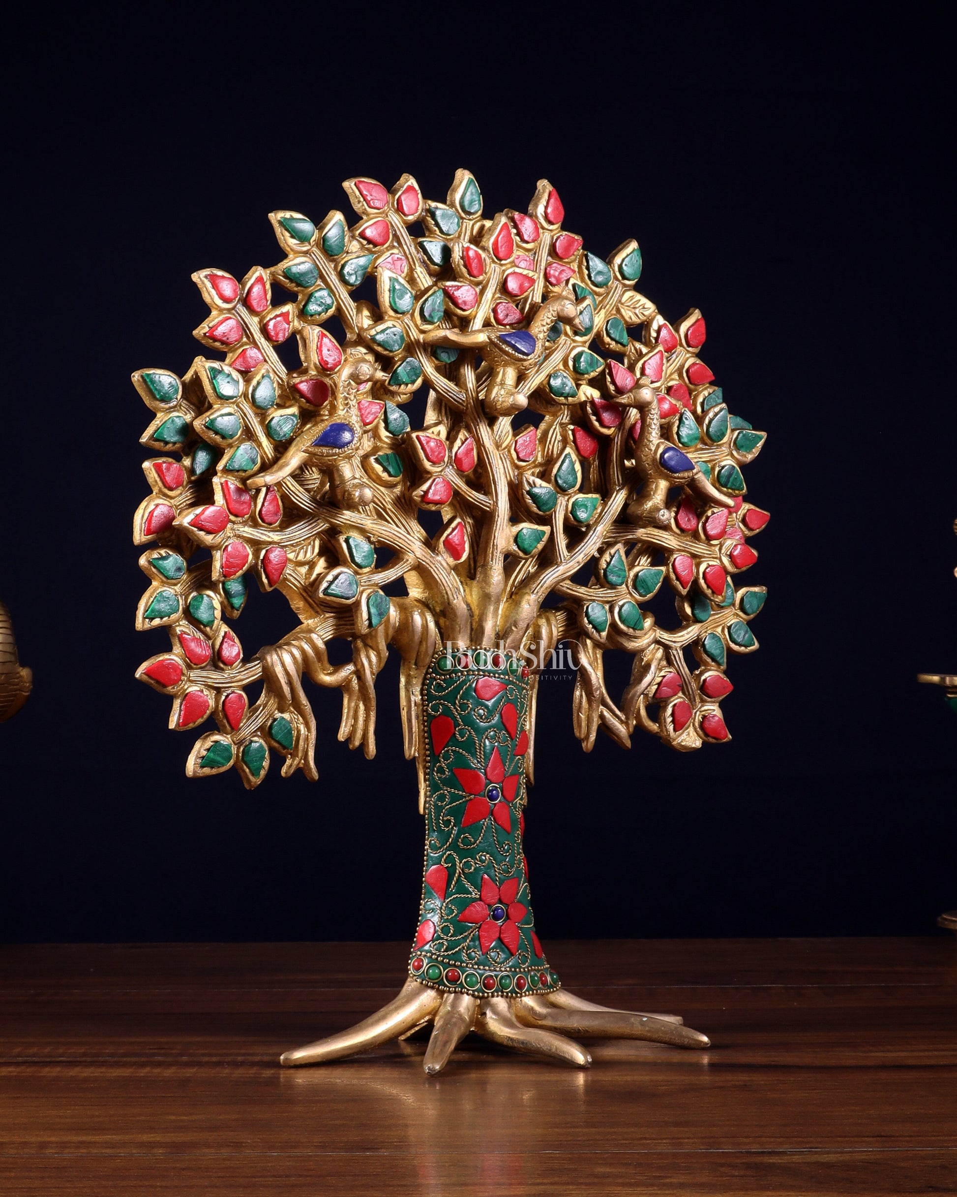 Exquisite Brass Kalpavriksha Tree of Life Showpiece - Table Standing | Height 12" with stonework