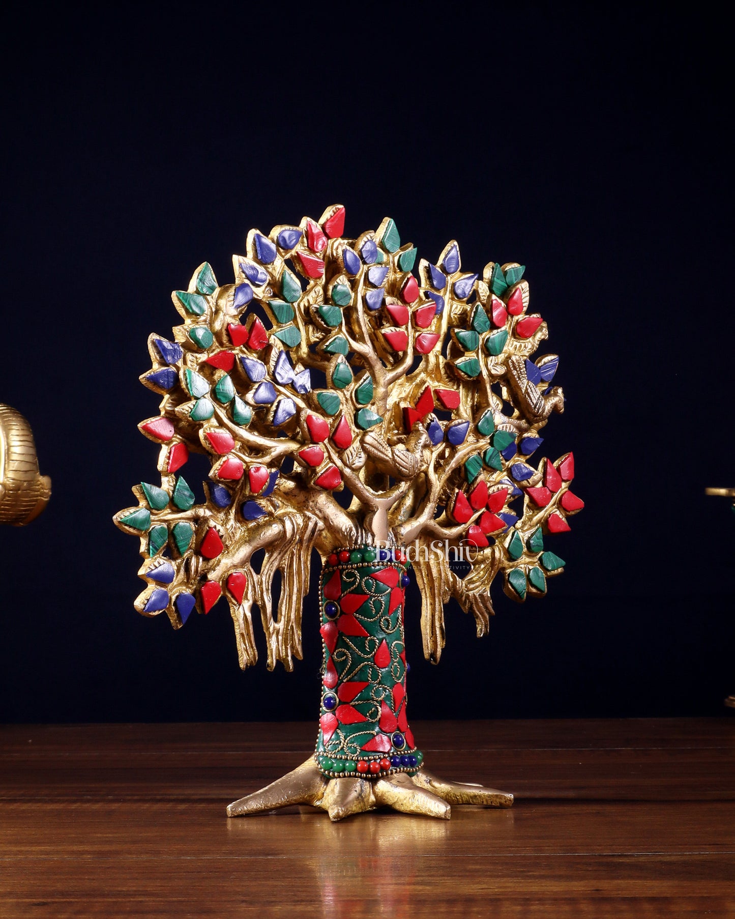 Pure Brass Handcrafted Kalpavriksha Tree - Table Standing 9" stonework