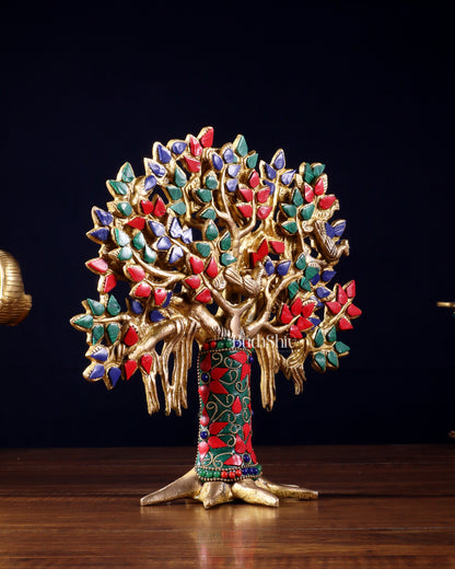 Pure Brass Handcrafted Kalpavriksha Tree - Table Standing 9" stonework