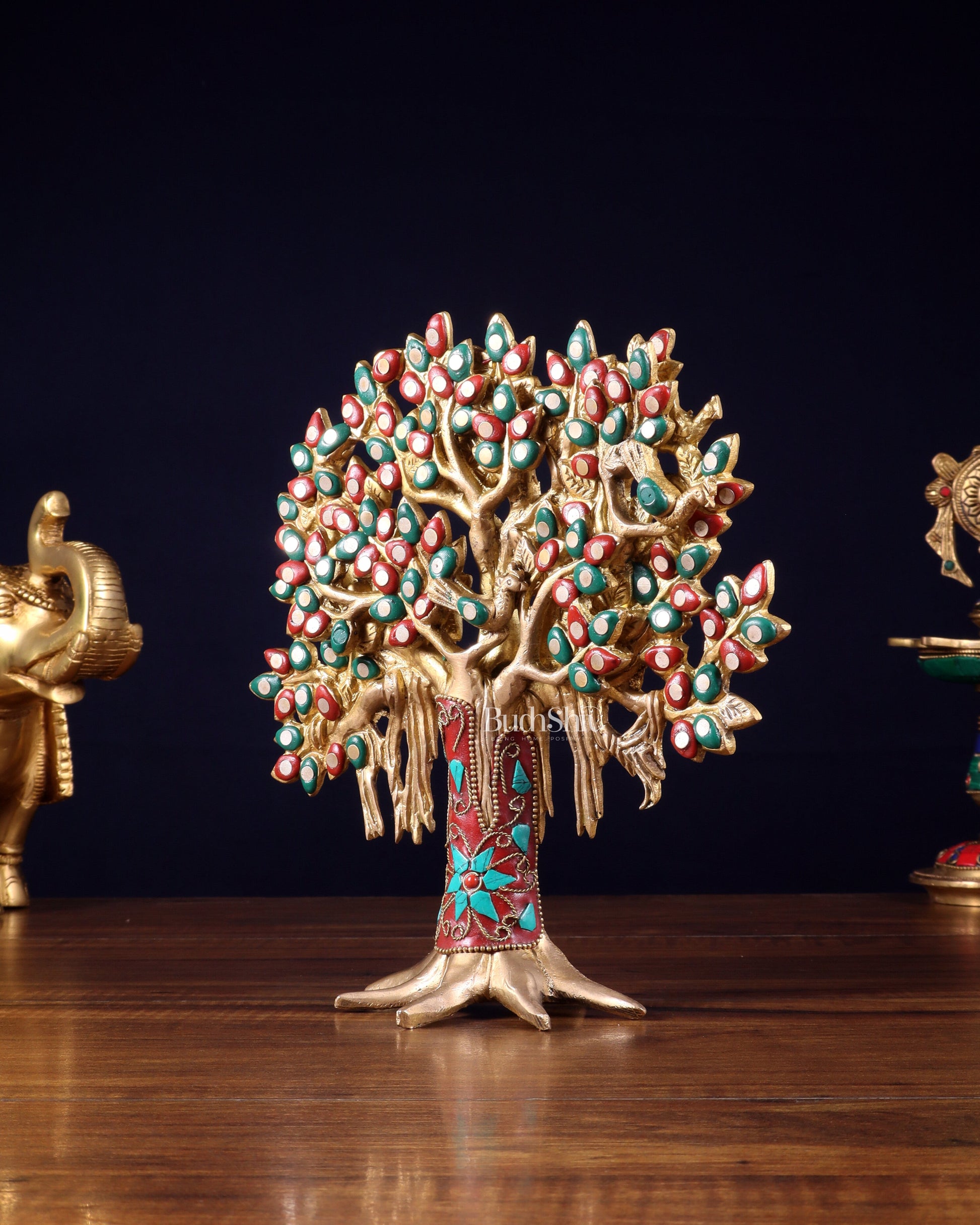 Pure Brass Handcrafted Kalpavriksha Tree - Table Standing 9" stonework