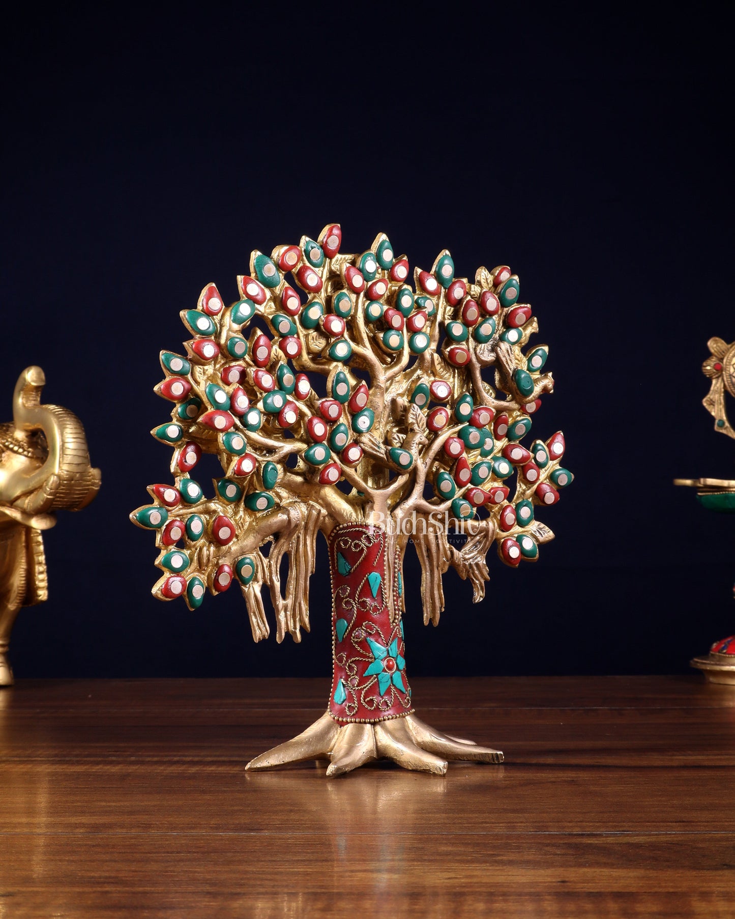 Pure Brass Handcrafted Kalpavriksha Tree - Table Standing 9" stonework