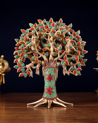 Exquisite Brass Kalpavriksha Tree of Life Showpiece - Table Standing | Height 12" with stonework