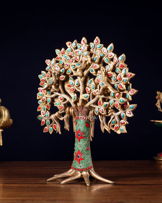 Exquisite Brass Kalpavriksha Tree of Life Showpiece - Table Standing | Height 12" with stonework
