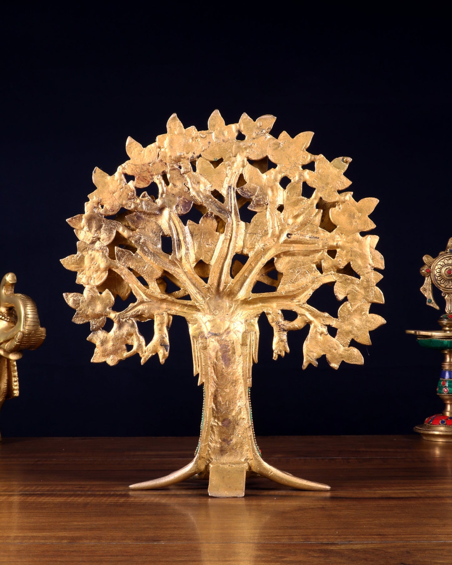 Exquisite Brass Kalpavriksha Tree of Life Showpiece - Table Standing | Height 12" with stonework