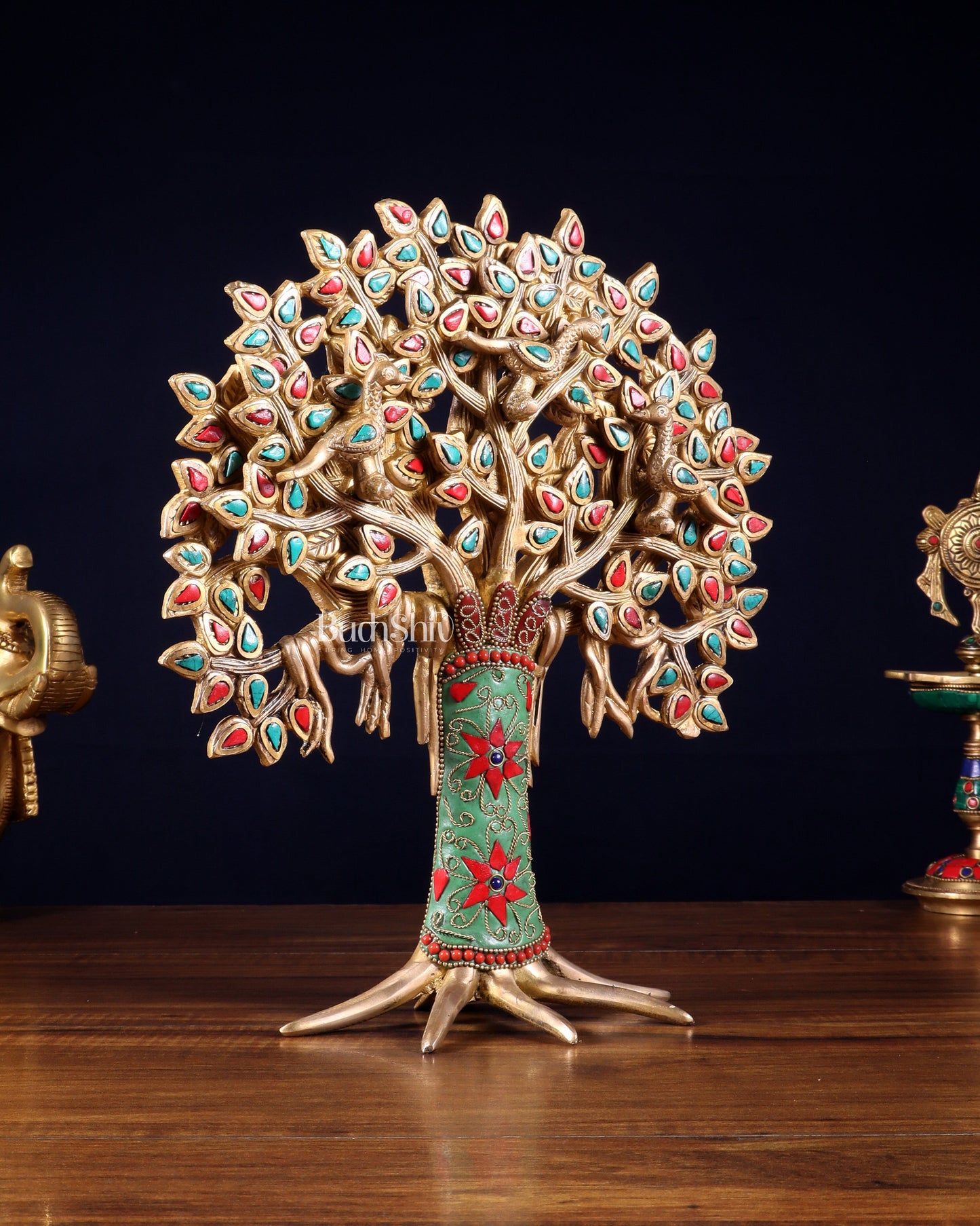 Exquisite Brass Kalpavriksha Tree of Life Showpiece - Table Standing | Height 12" with stonework