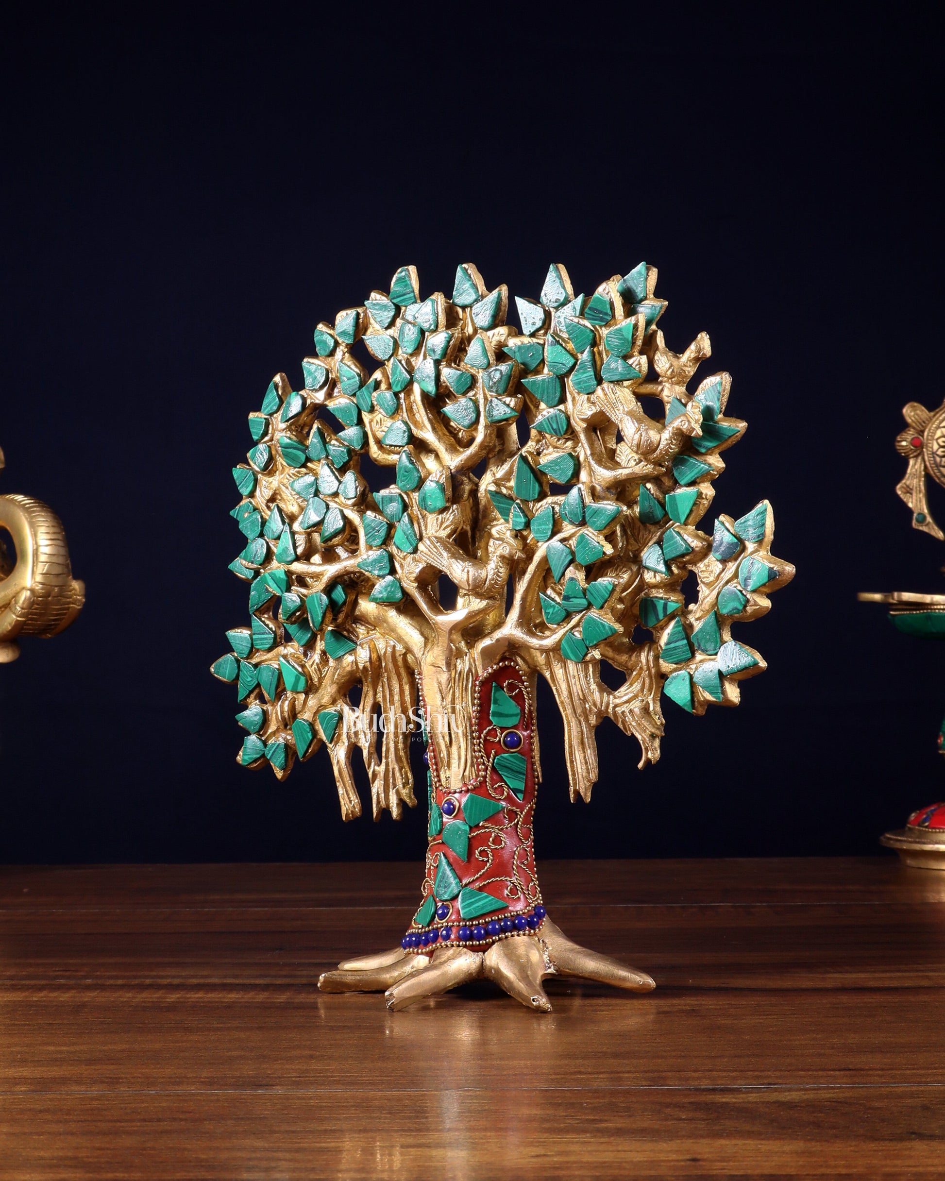 Pure Brass Handcrafted Kalpavriksha Tree - Table Standing 9" stonework