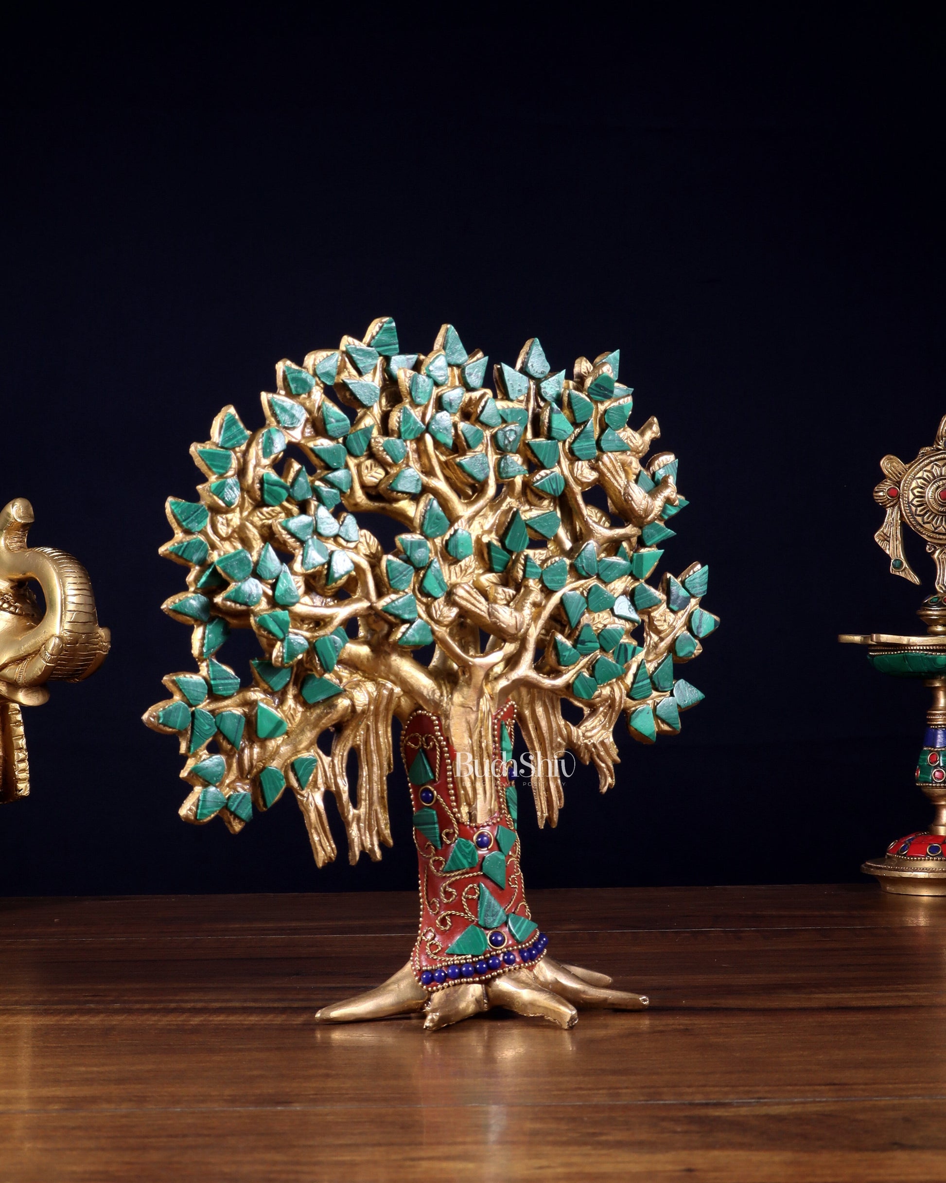 Pure Brass Handcrafted Kalpavriksha Tree - Table Standing 9" stonework