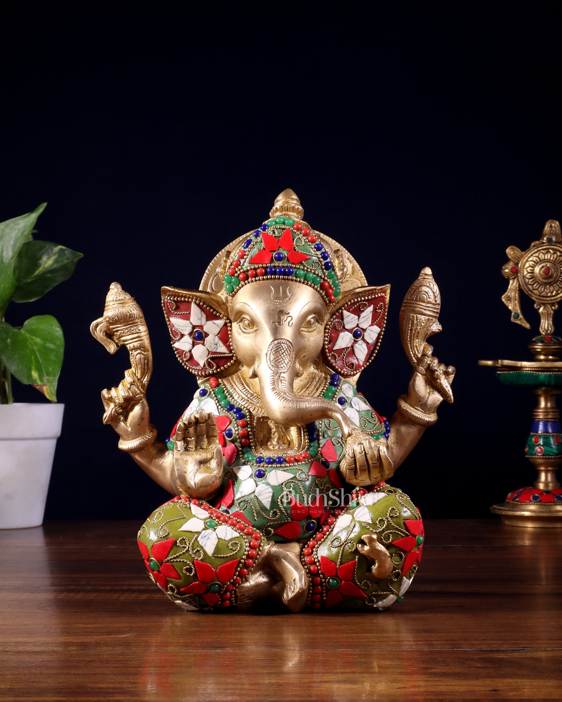 Brass lord Ganesha Idol with Sharp Features - 8 Inch