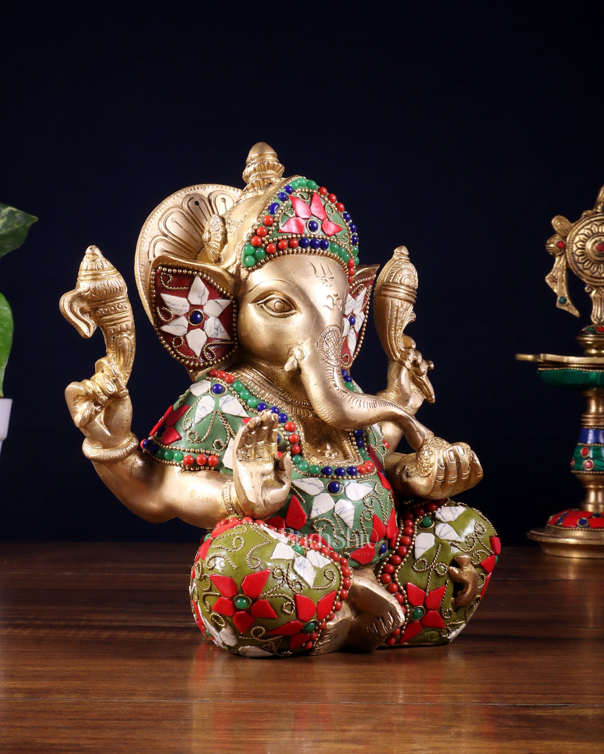Brass lord Ganesha Idol with Sharp Features - 8 Inch
