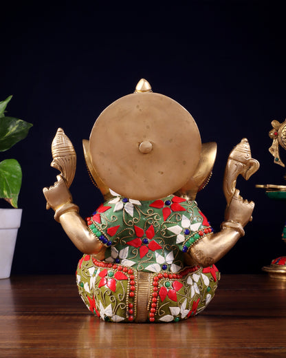 Brass lord Ganesha Idol with Sharp Features - 8 Inch