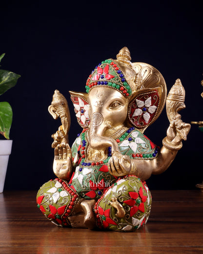 Brass lord Ganesha Idol with Sharp Features - 8 Inch