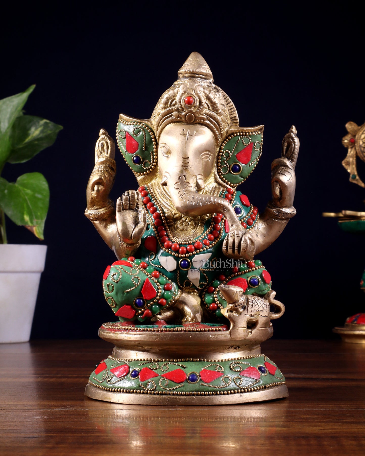 Pure Brass Taj Ganesha Statue with Round Base 7" with stonework
