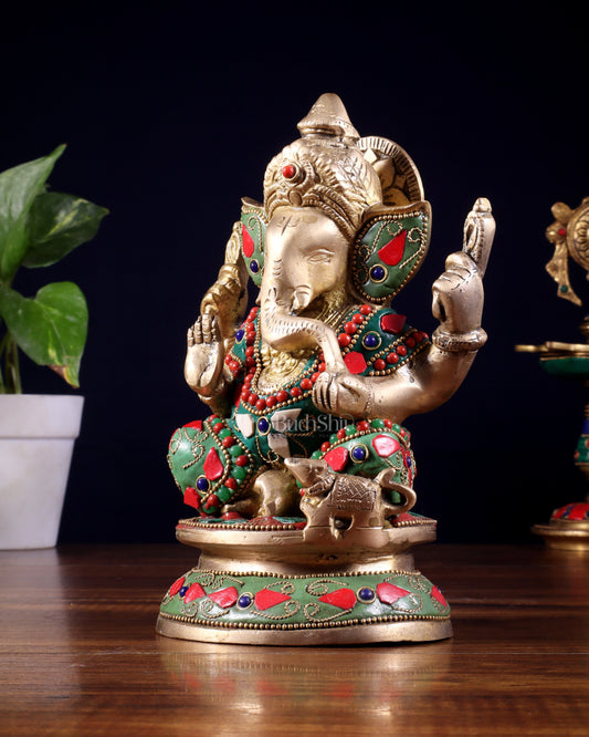 Pure Brass Taj Ganesha Statue with Round Base 7" with stonework