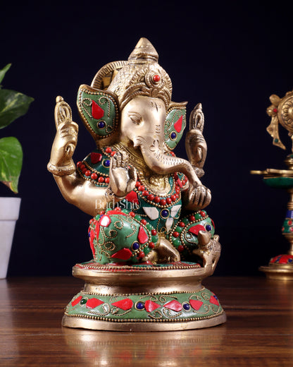 Pure Brass Taj Ganesha Statue with Round Base 7" with stonework
