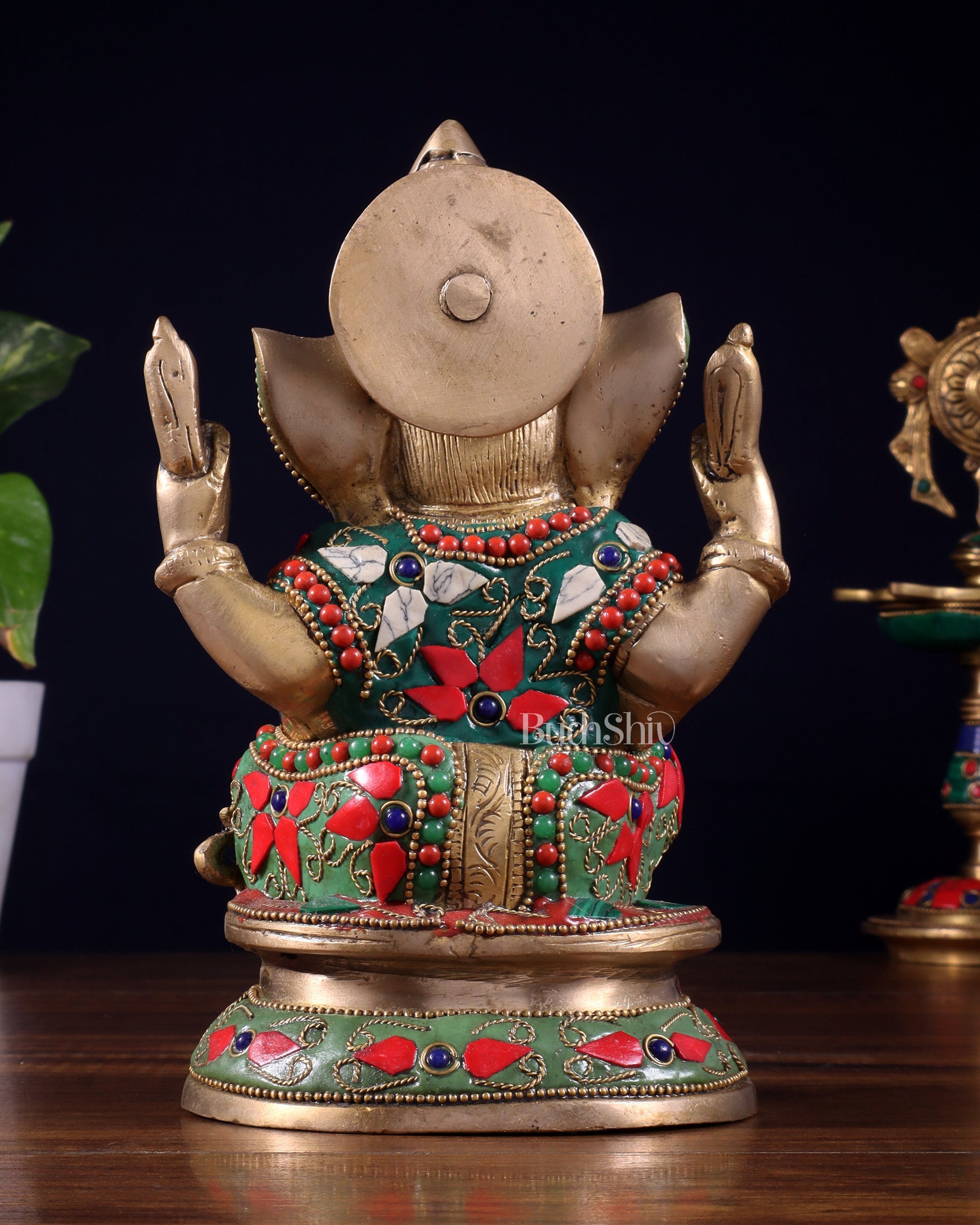 Pure Brass Taj Ganesha Statue with Round Base 7" with stonework