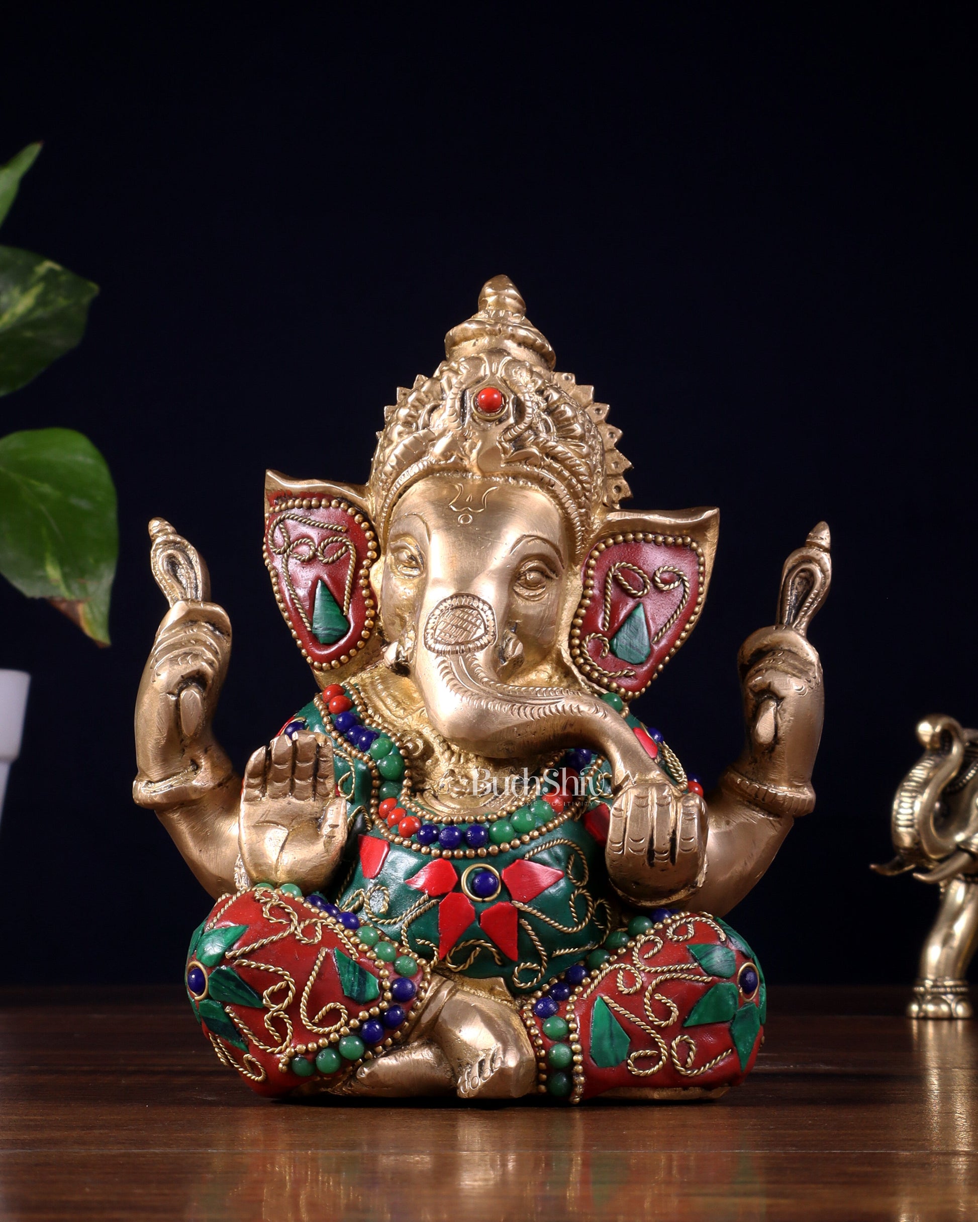 Taj Ganesha Brass Sculpture with floral stonework 6"