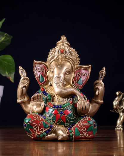 Taj Ganesha Brass Sculpture with floral stonework 6"