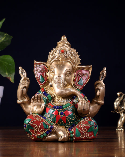 Taj Ganesha Brass Sculpture with floral stonework 6"