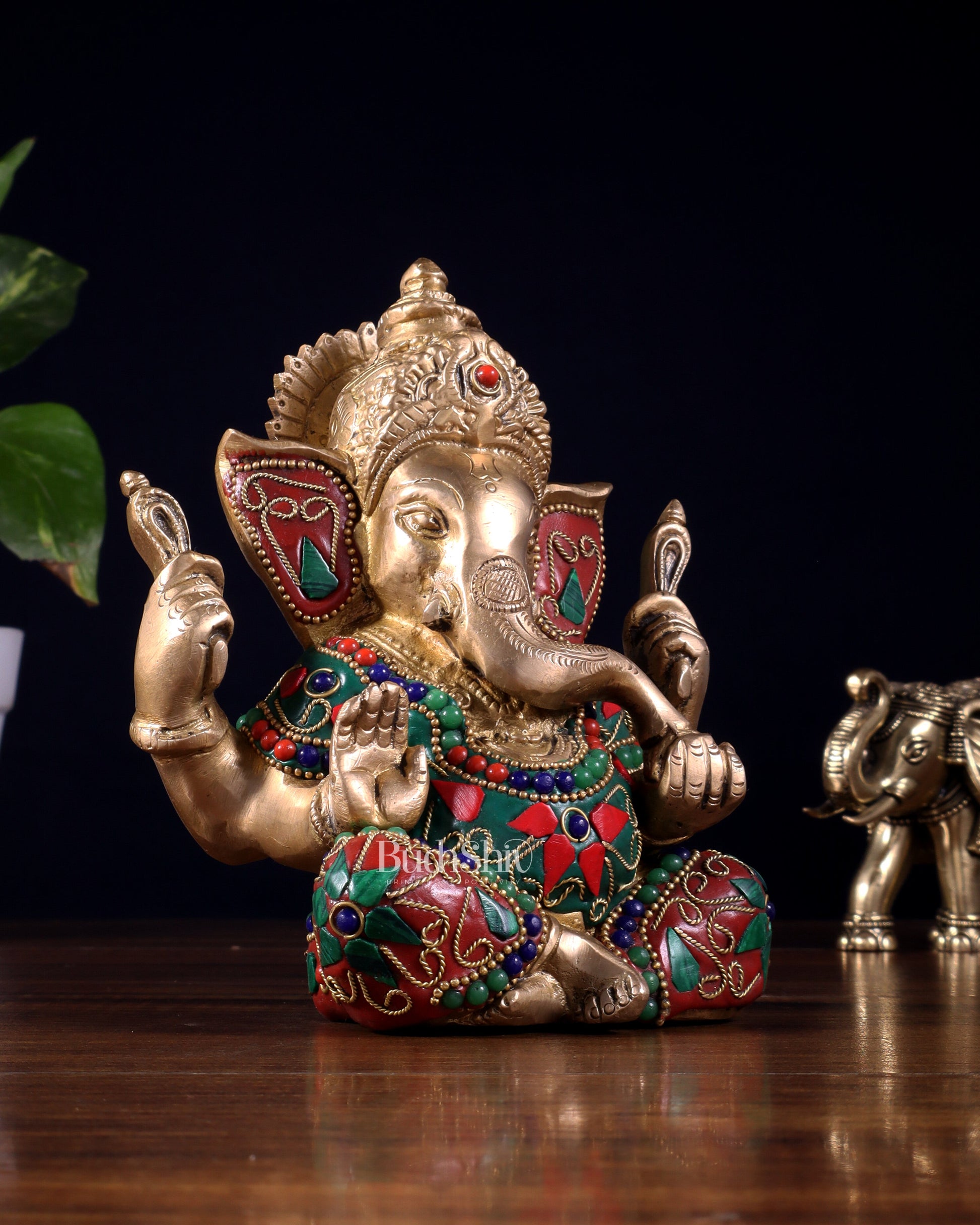 Taj Ganesha Brass Sculpture with floral stonework 6"