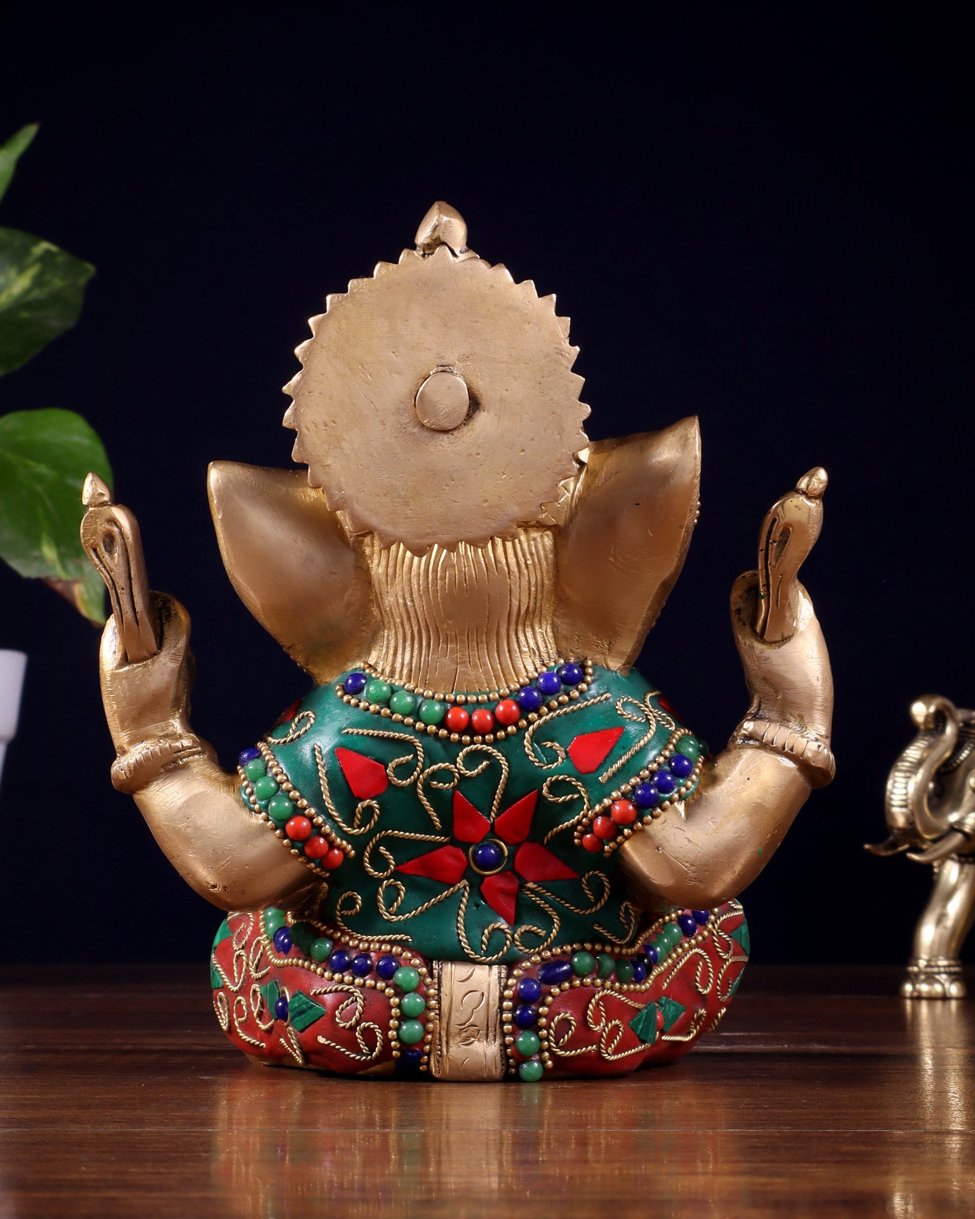 Taj Ganesha Brass Sculpture with floral stonework 6"