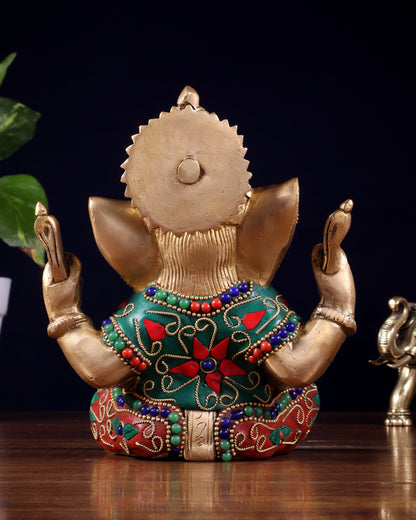 Taj Ganesha Brass Sculpture with floral stonework 6"