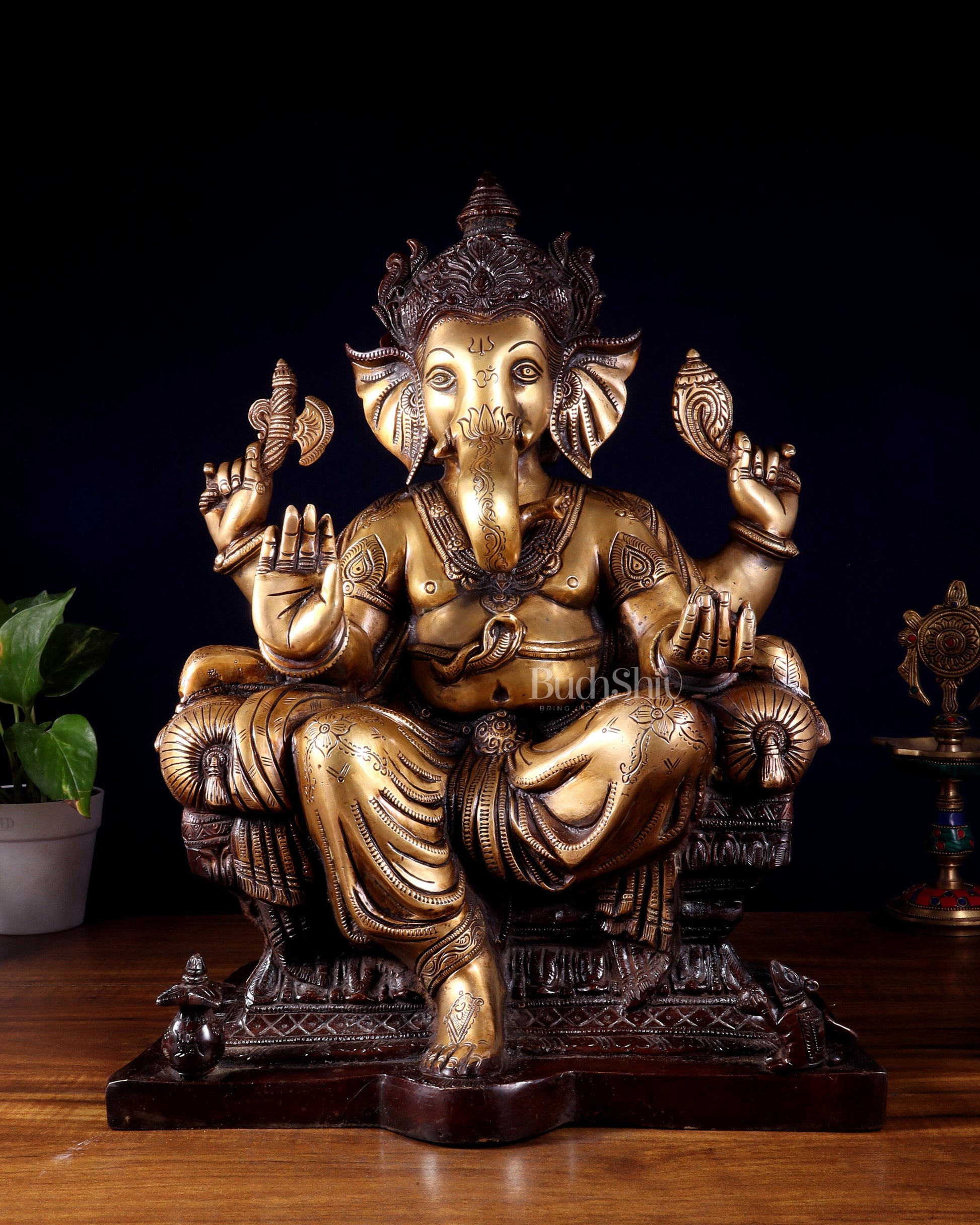 Ganesha Pure Brass Superfine statue with enhanced carvings  - 18" dual toned
