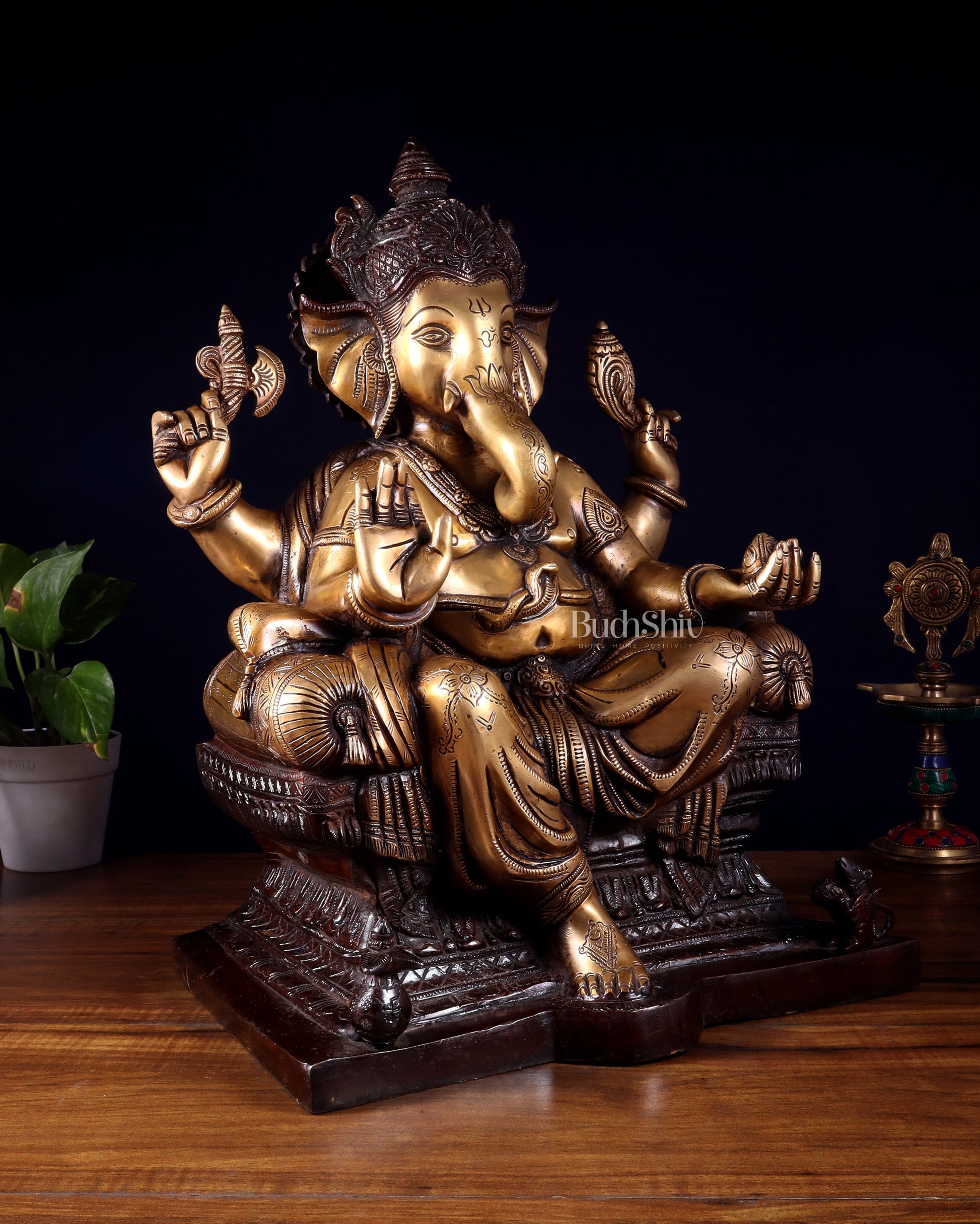 Ganesha Pure Brass Superfine statue with enhanced carvings  - 18" dual toned
