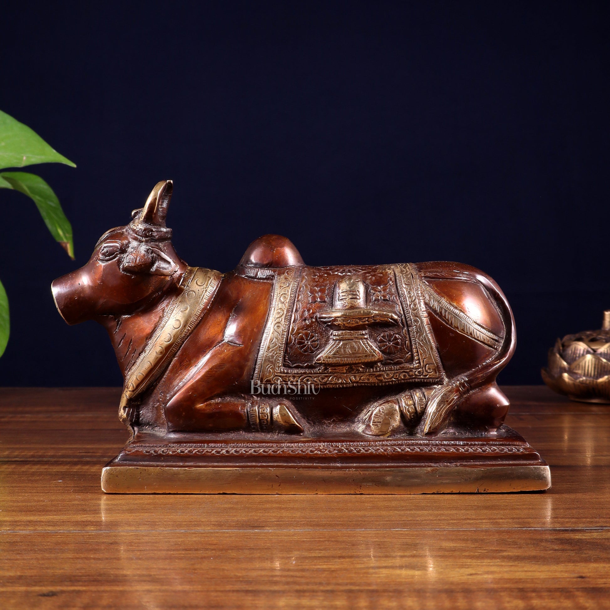 Pure Brass Nandi Statue with Shiva Lingam and vasuki Carvings – Copper Tone Finish 8.2"
