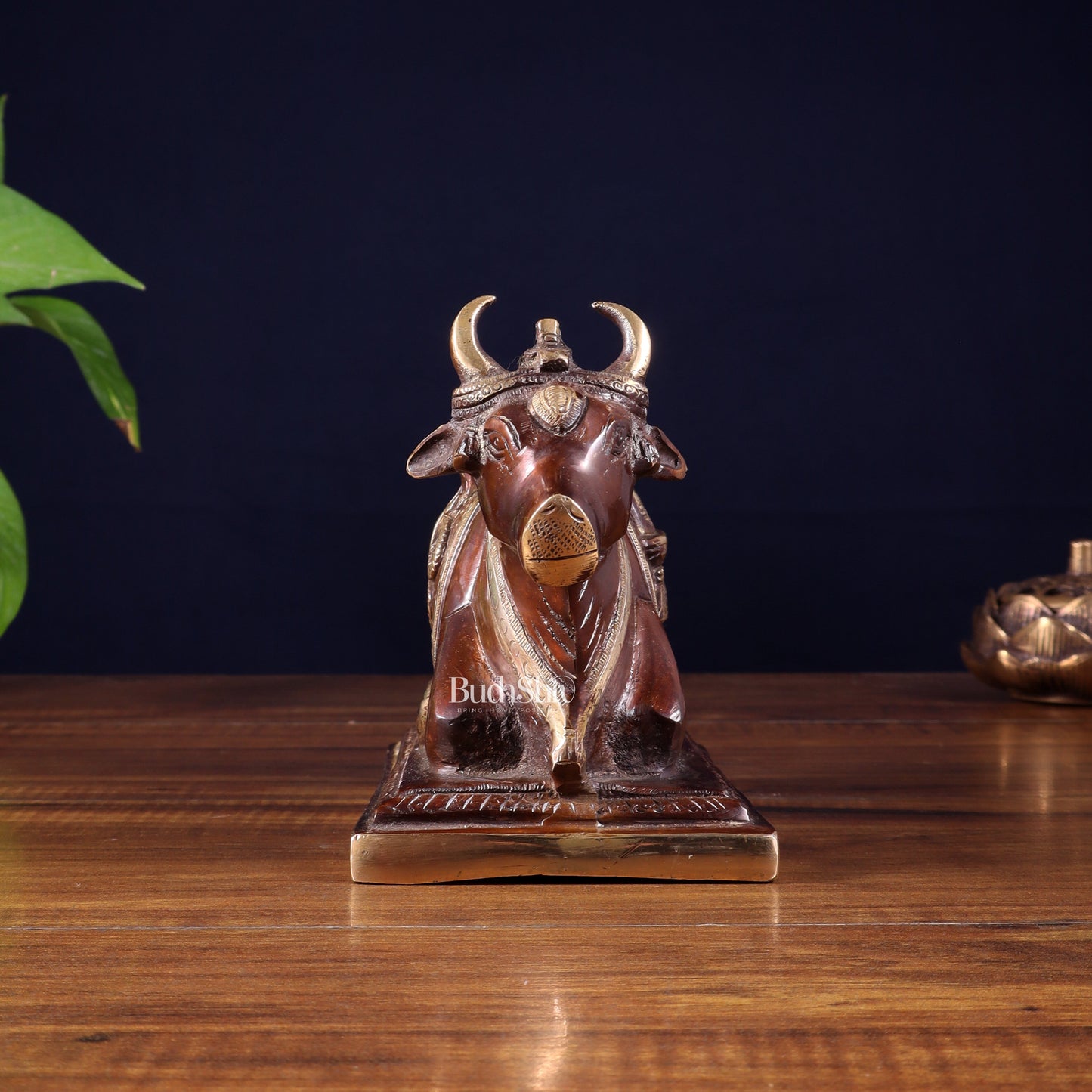 Pure Brass Nandi Statue with Shiva Lingam and vasuki Carvings – Copper Tone Finish 8.2"