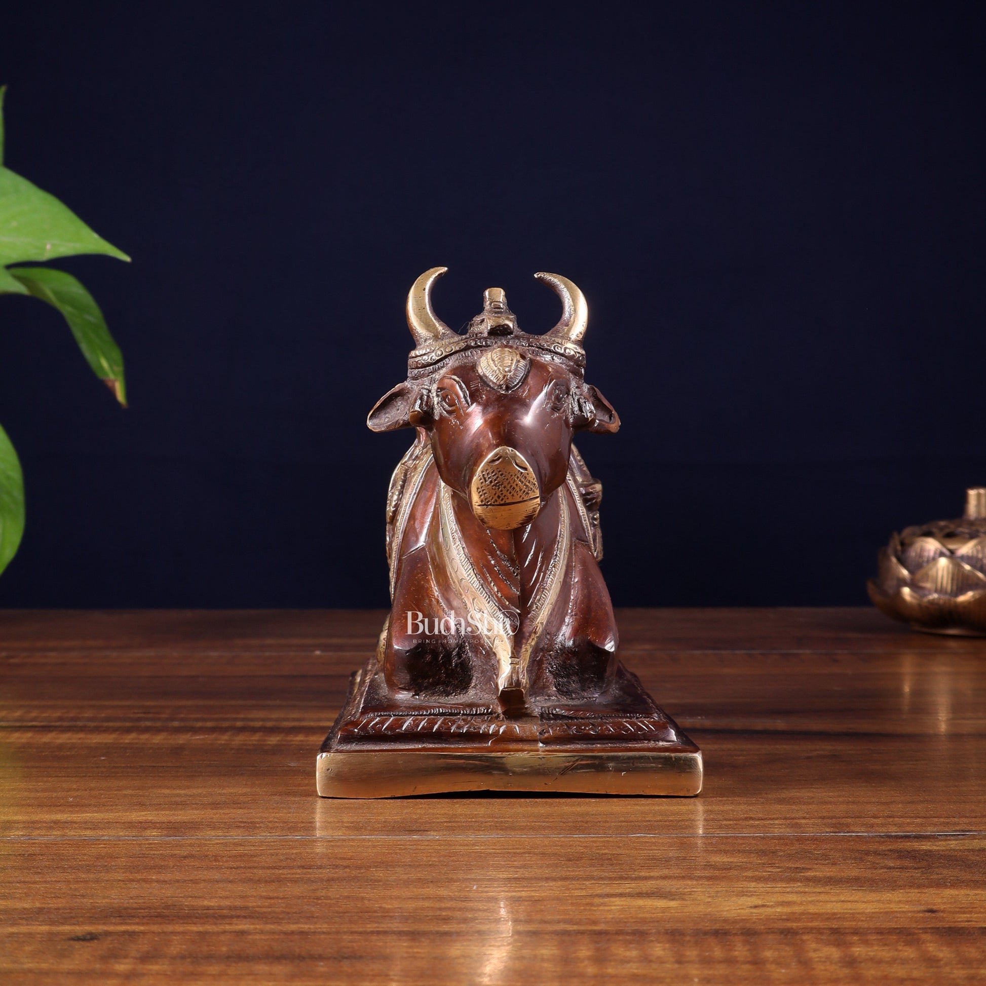 Pure Brass Nandi Statue with Shiva Lingam and vasuki Carvings – Copper Tone Finish 8.2"