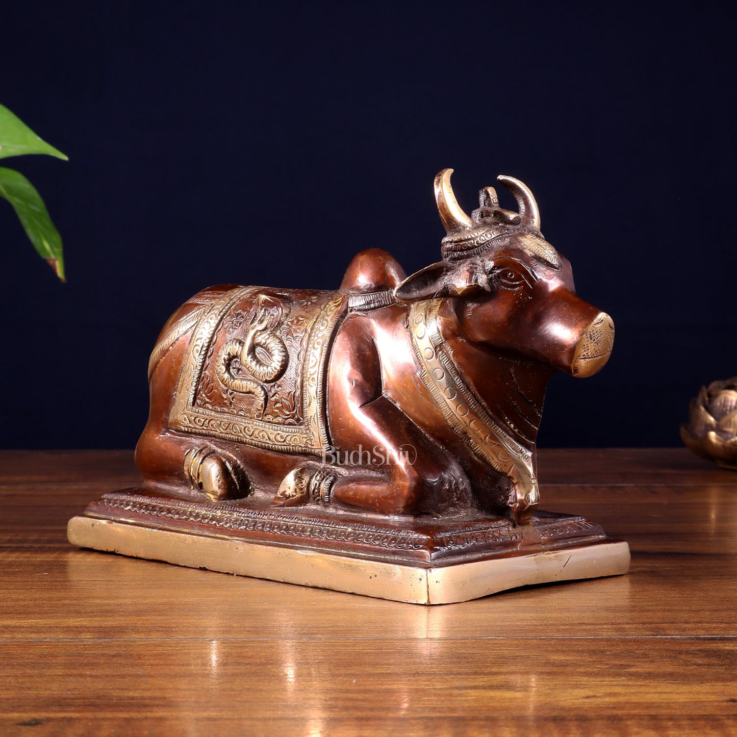 Pure Brass Nandi Statue with Shiva Lingam and vasuki Carvings – Copper Tone Finish 8.2"