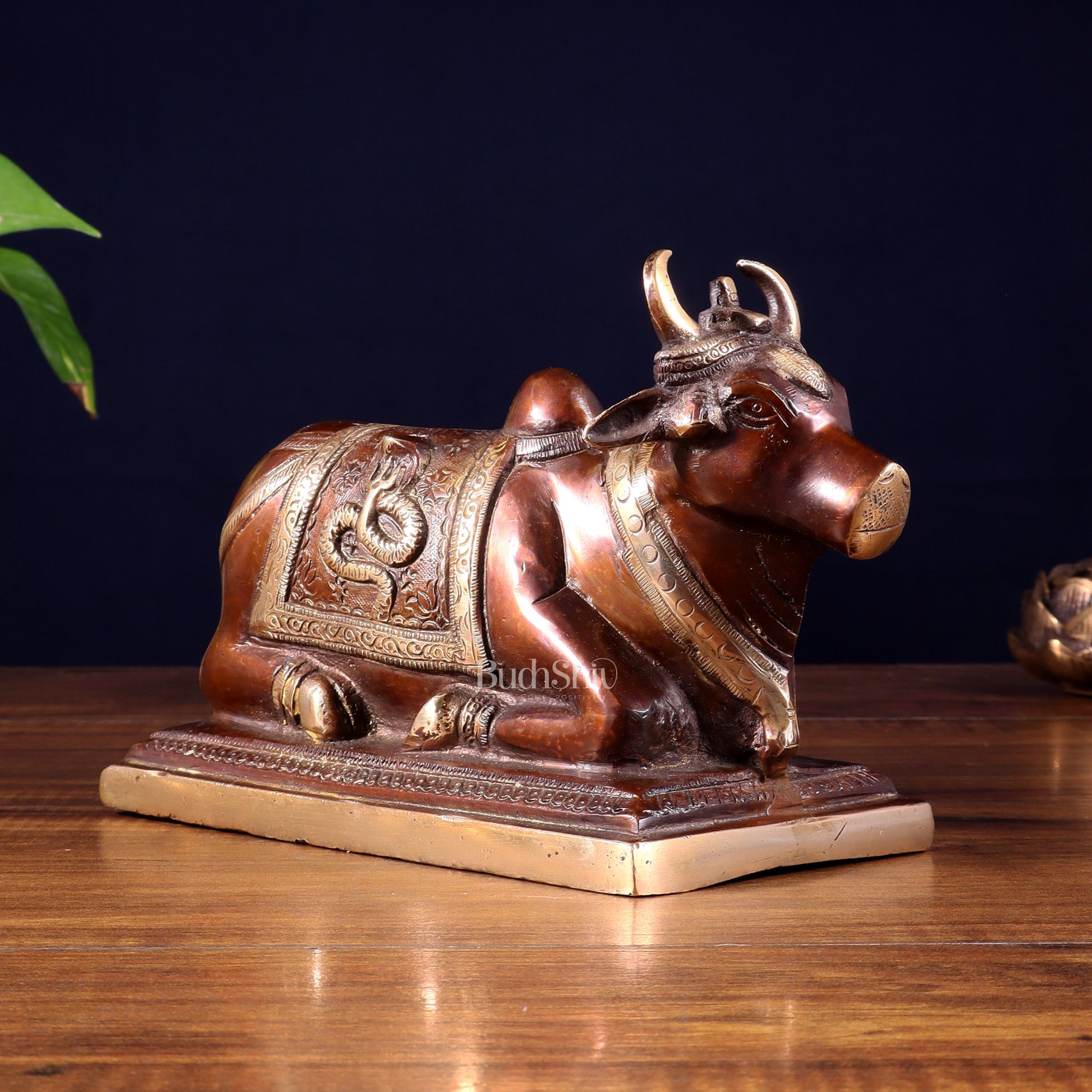 Pure Brass Nandi Statue with Shiva Lingam and vasuki Carvings – Copper Tone Finish 8.2"