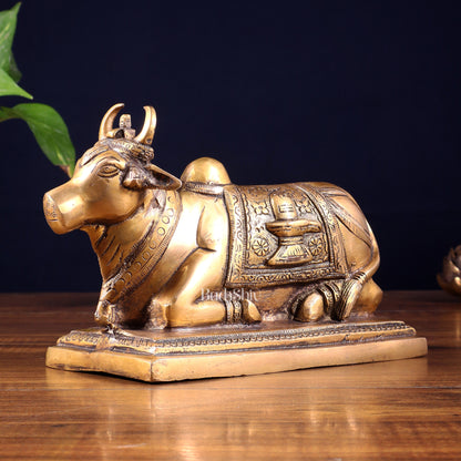 Pure Brass Nandi Statue with Shiva Lingam & Vasuki Carvings – Antique Burnt Brass Finish 8.2"