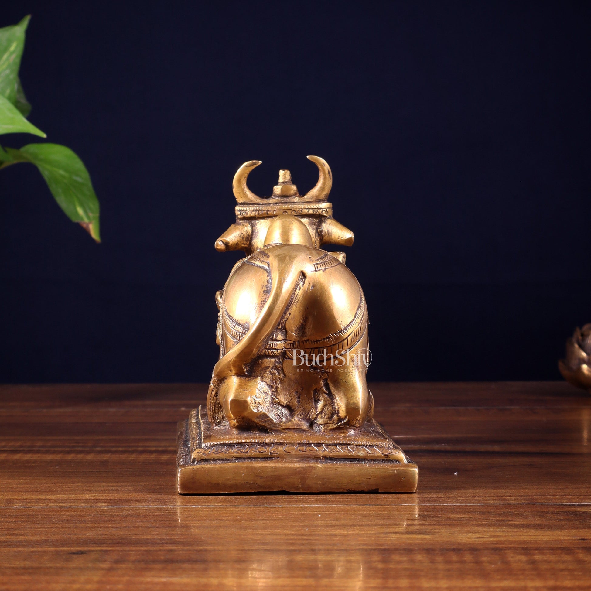 Pure Brass Nandi Statue with Shiva Lingam & Vasuki Carvings – Antique Burnt Brass Finish 8.2"