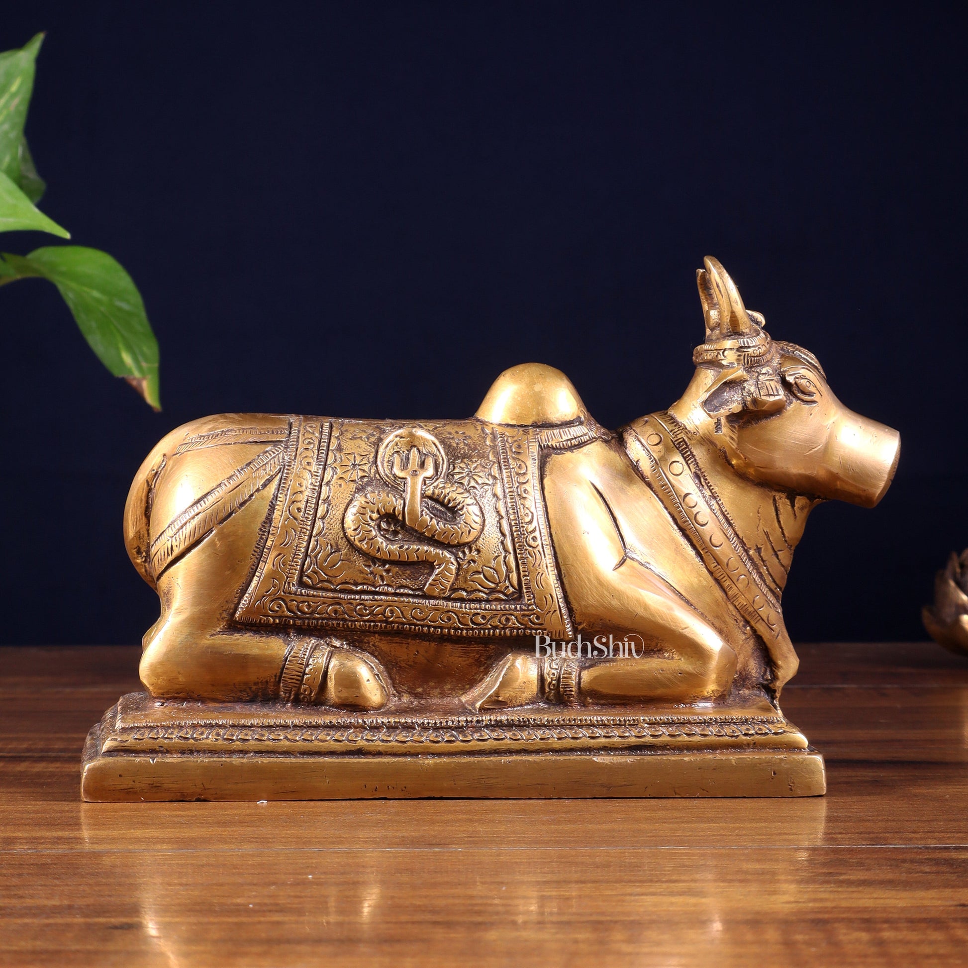 Pure Brass Nandi Statue with Shiva Lingam & Vasuki Carvings – Antique Burnt Brass Finish 8.2"