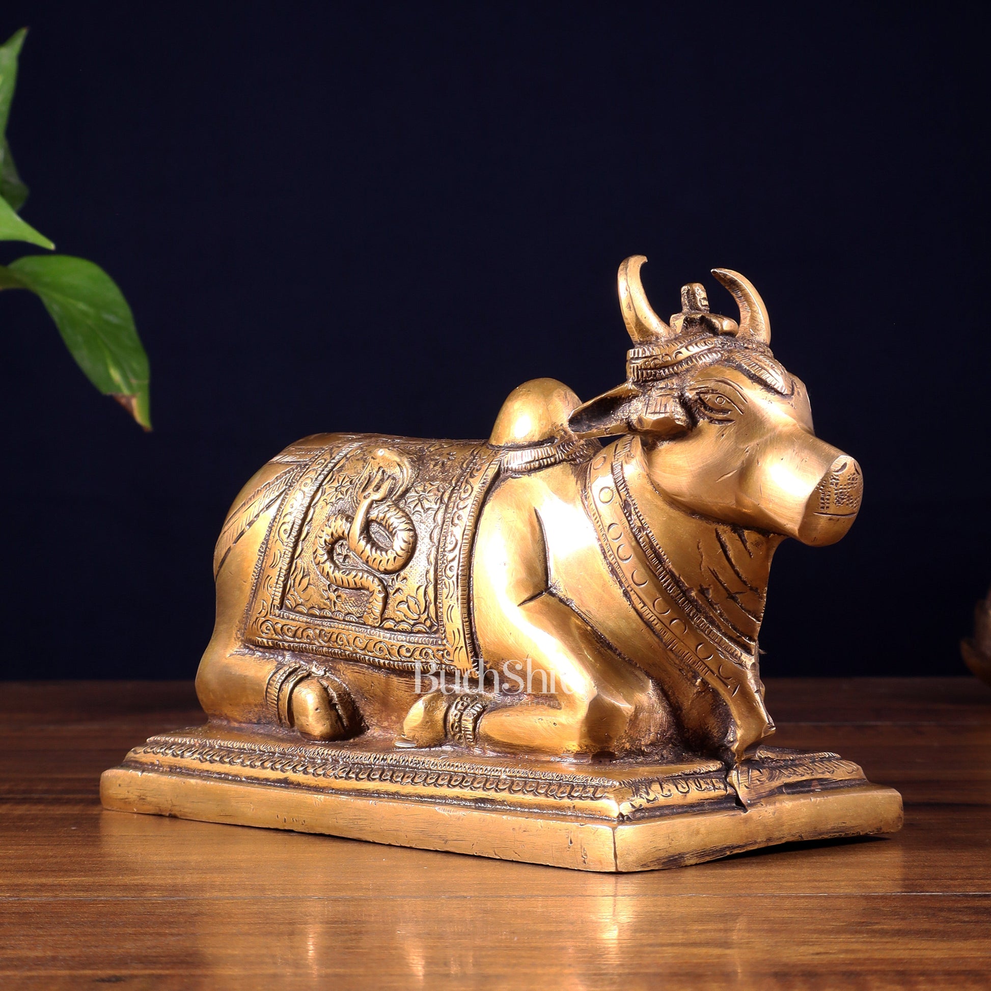 Pure Brass Nandi Statue with Shiva Lingam & Vasuki Carvings – Antique Burnt Brass Finish 8.2"