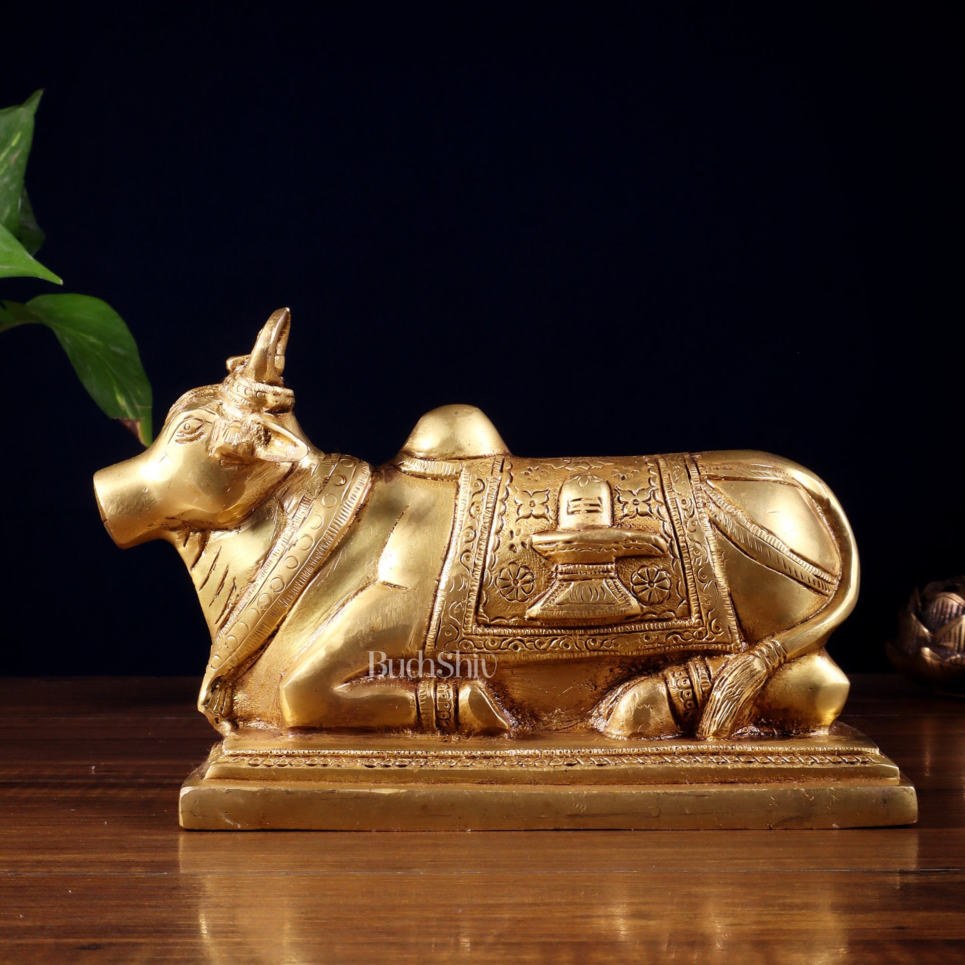 Pure Brass Nandi Statue with Shiva Lingam & Vasuki Carvings – Butter Gold Tone 8.2"