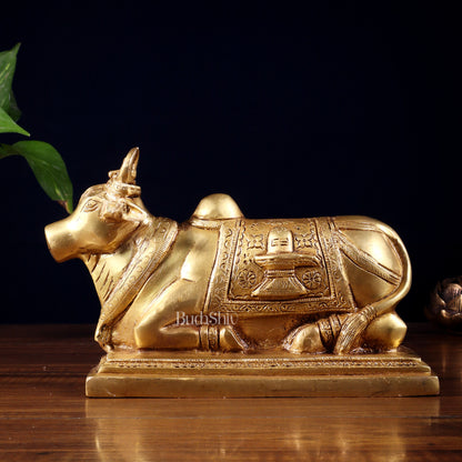 Pure Brass Nandi Statue with Shiva Lingam & Vasuki Carvings – Butter Gold Tone 8.2"