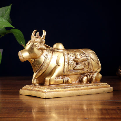 Pure Brass Nandi Statue with Shiva Lingam & Vasuki Carvings – Butter Gold Tone 8.2"