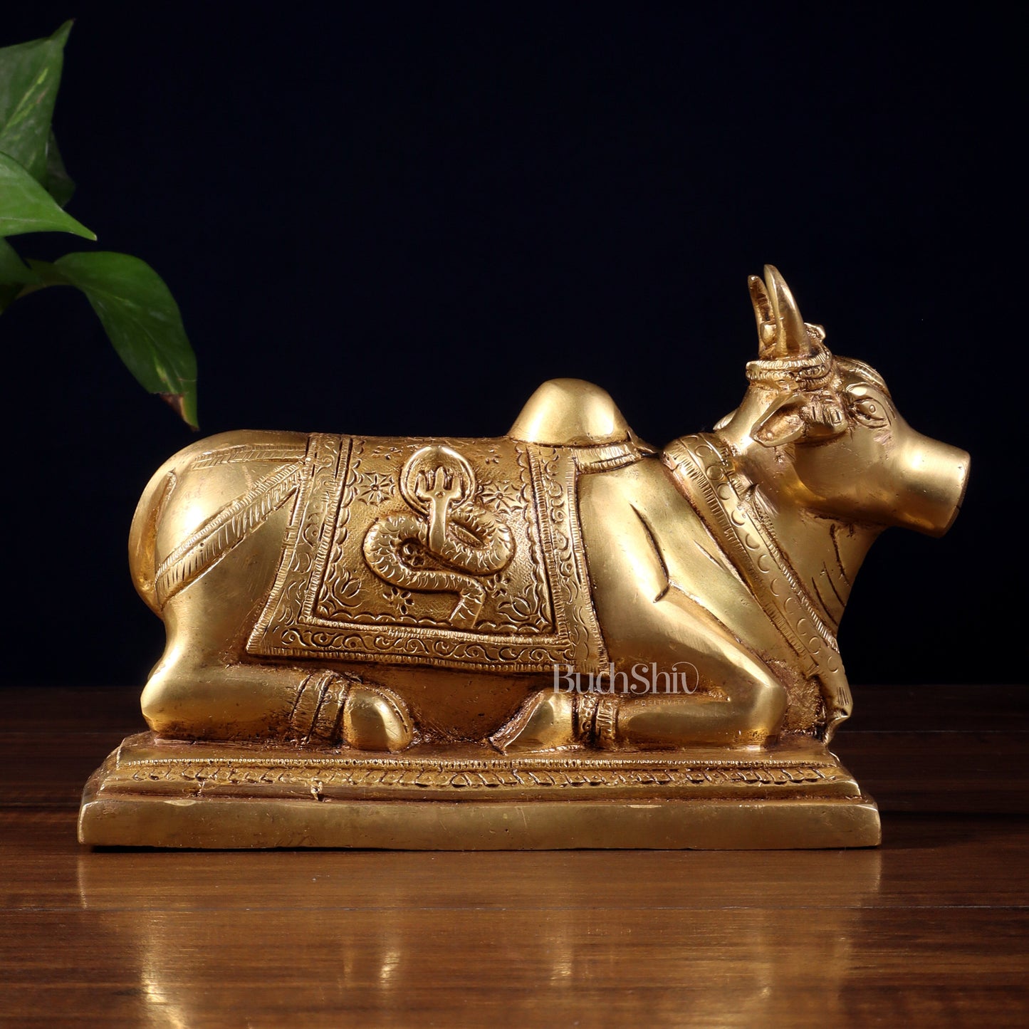 Pure Brass Nandi Statue with Shiva Lingam & Vasuki Carvings – Butter Gold Tone 8.2"