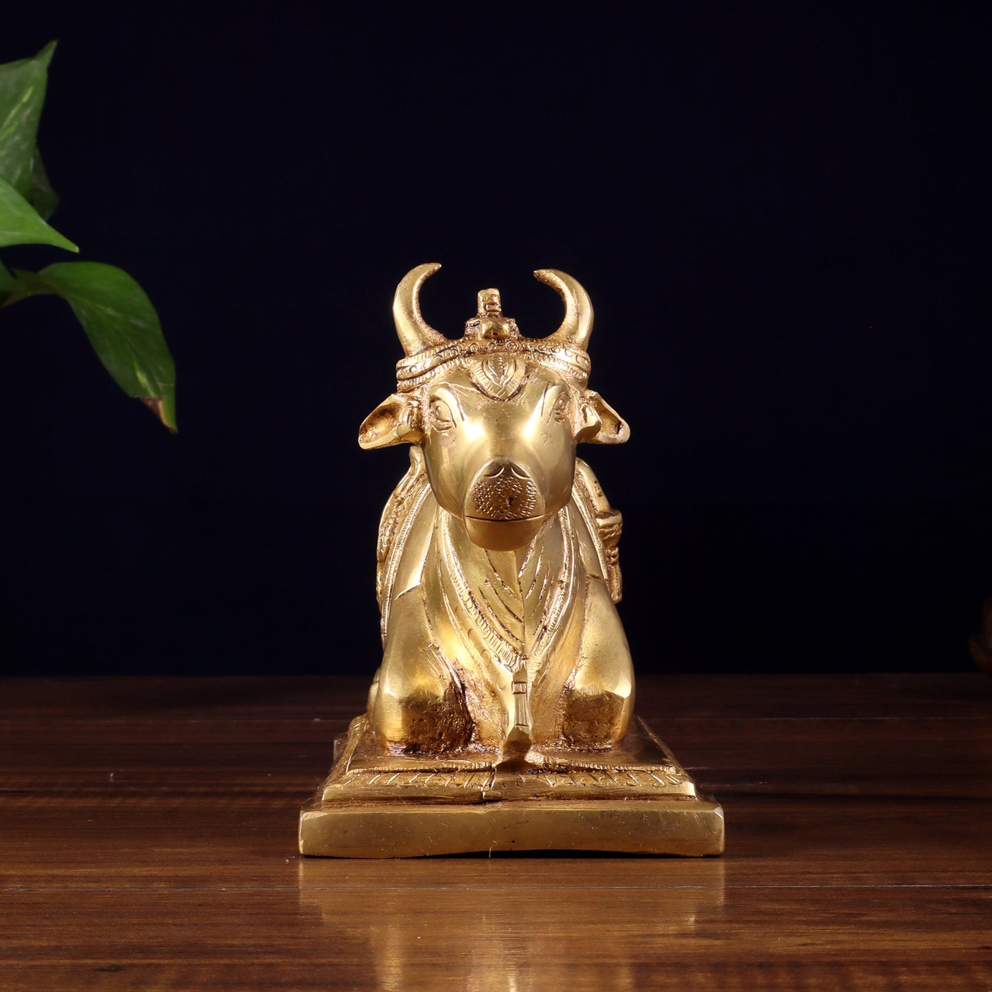 Pure Brass Nandi Statue with Shiva Lingam & Vasuki Carvings – Butter Gold Tone 8.2"