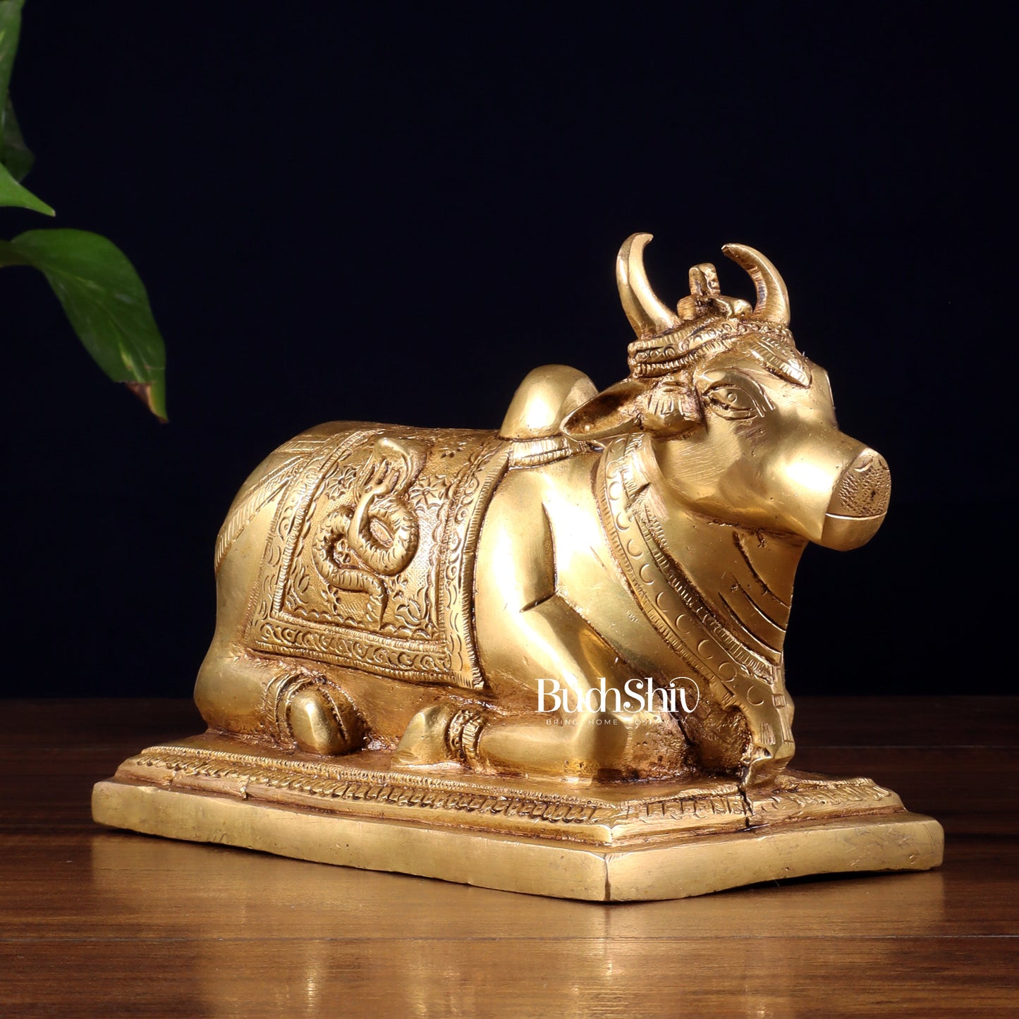 Pure Brass Nandi Statue with Shiva Lingam & Vasuki Carvings – Butter Gold Tone 8.2"