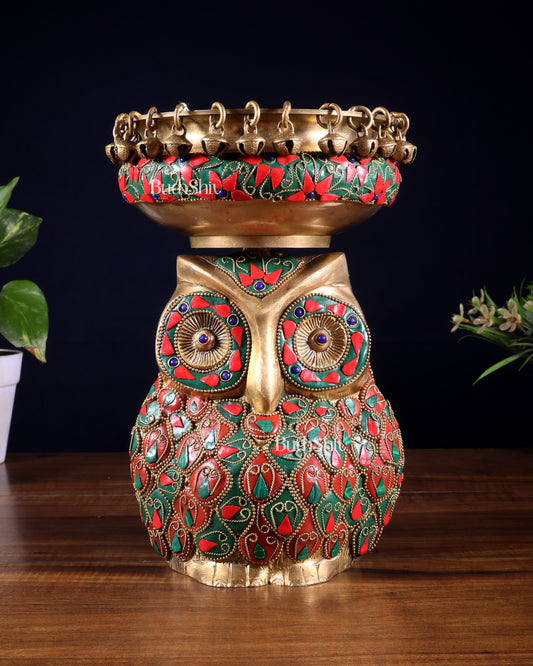 Pure Brass Urli Bowl with Large Owl – Adorned with Stonework | Unique Gift & Home Accent