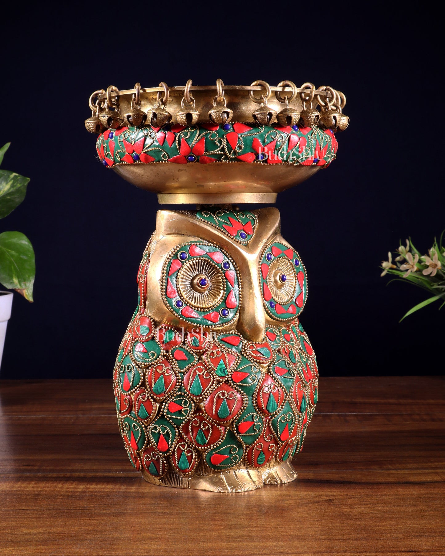 Pure Brass Urli Bowl with Large Owl – Adorned with Stonework | Unique Gift & Home Accent