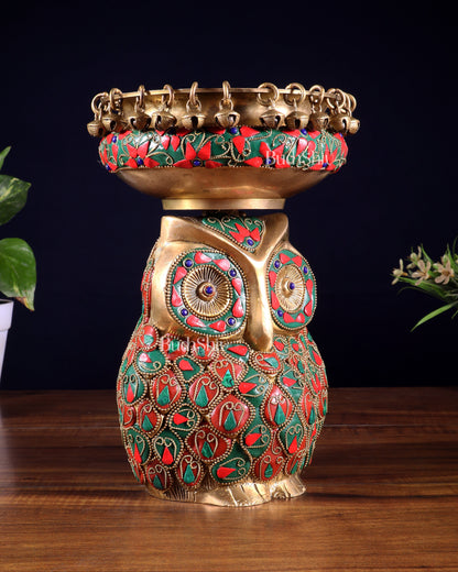 Pure Brass Urli Bowl with Large Owl – Adorned with Stonework | Unique Gift & Home Accent