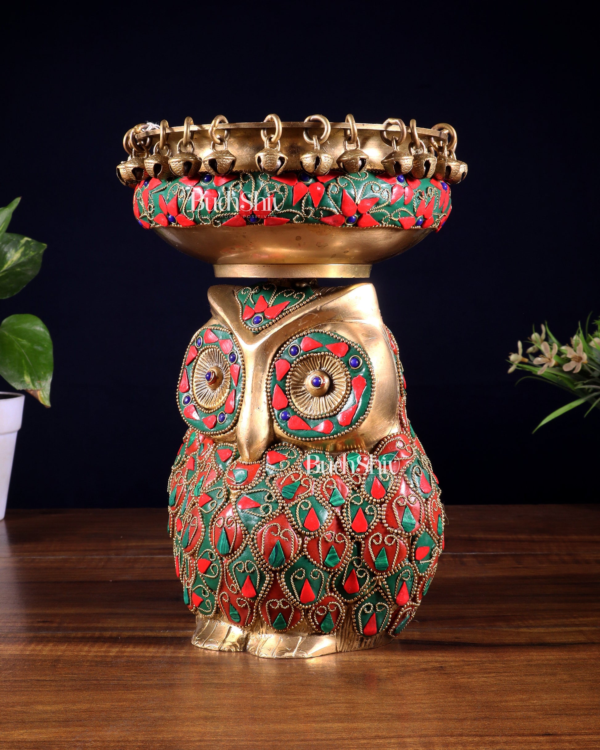 Pure Brass Urli Bowl with Large Owl – Adorned with Stonework | Unique Gift & Home Accent